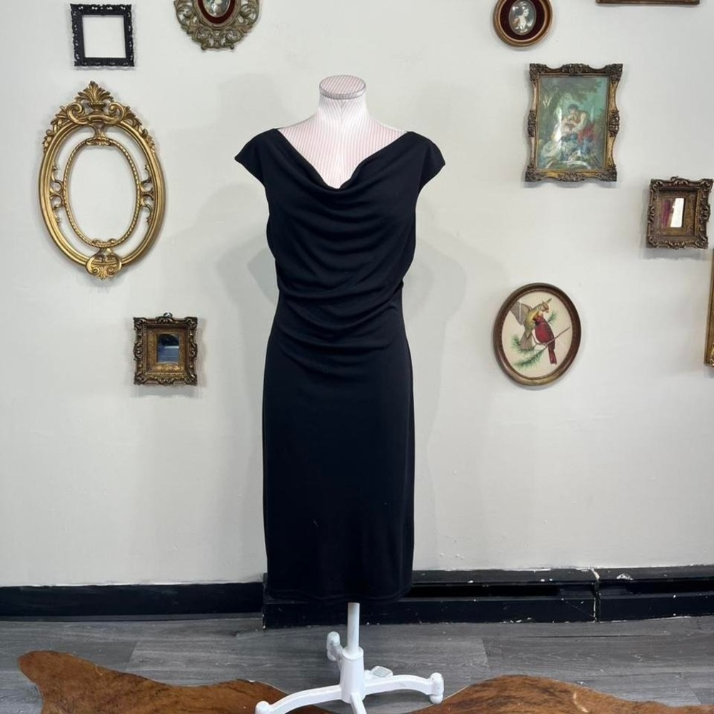 Vintage Byer Too Black Draped Midi Dress – Size Large 90s Evening Dress